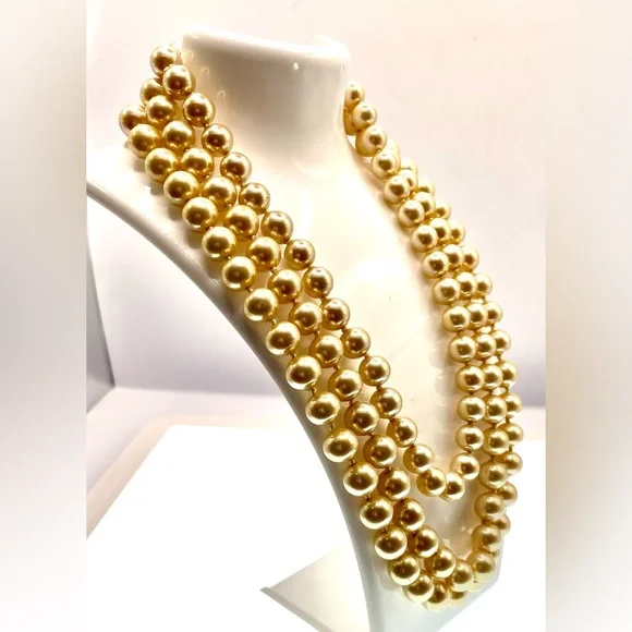 Vintage Multistrand Large Glass Cream Colored Pearls Graduating Length Gold Tone - Picture 4 of 7